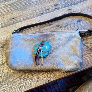 Diane Gail.  Horse hair Tan Leather Clutch with Turquoise Accent